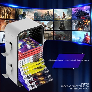 Držač diskova za Xbox i PS5, bambus okvir, model KP06, kompaktni regač za diskove, težina 1059 g