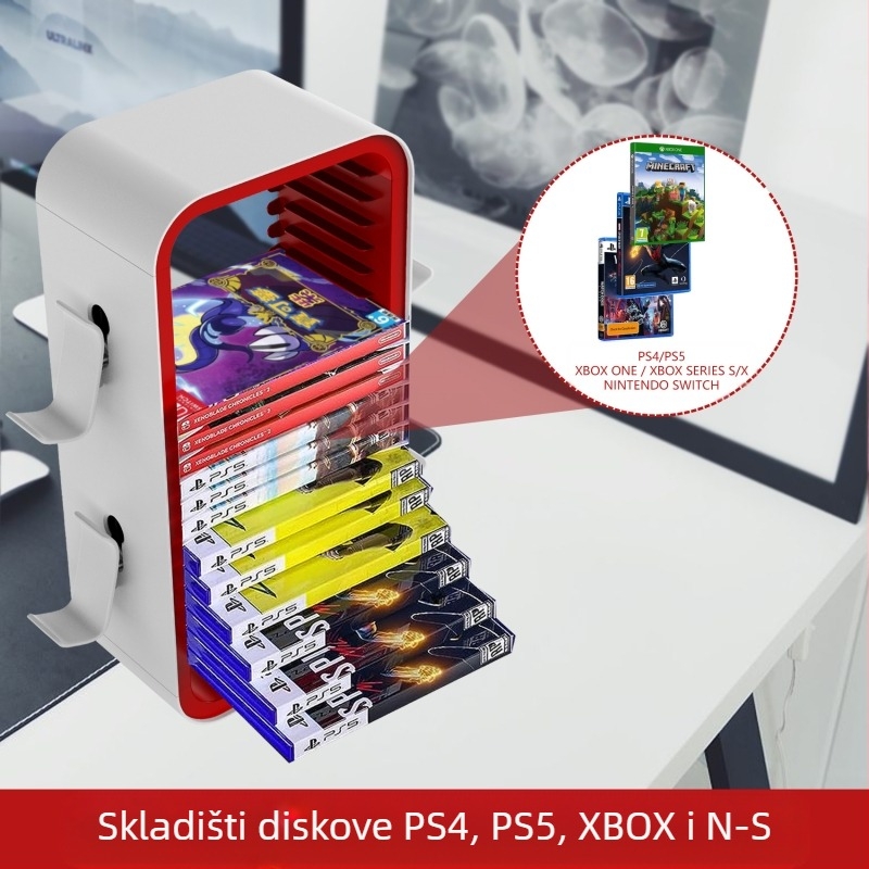 Držač diskova za Xbox i PS5, bambus okvir, model KP06, kompaktni regač za diskove, težina 1059 g