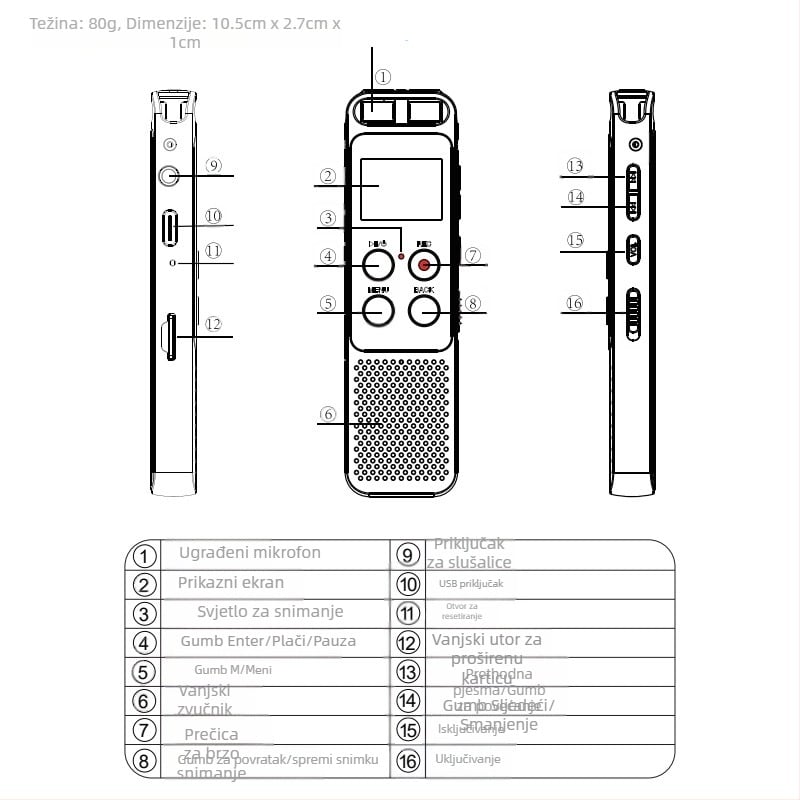 Prijenosni diktafon Aomago L87-1 za studente i poslovne sastanke – MP3/WAV, vrijeme snimanja 2400, TF kartica, USB 2.0, kolorni zaslon