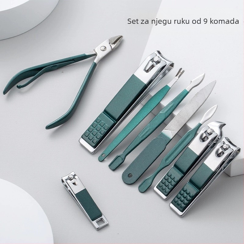 18-dijelni prijenosni set za njegu noktiju – materijali: nehrđajući čelik s elektroplatinom i karbonsko čeljust; dizajn: prijenosni, ravna čeljust, kosim dizajnom; uključuje višenamjerne pincete
