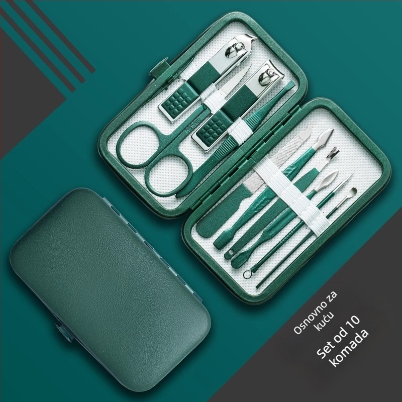 18-dijelni prijenosni set za njegu noktiju – materijali: nehrđajući čelik s elektroplatinom i karbonsko čeljust; dizajn: prijenosni, ravna čeljust, kosim dizajnom; uključuje višenamjerne pincete