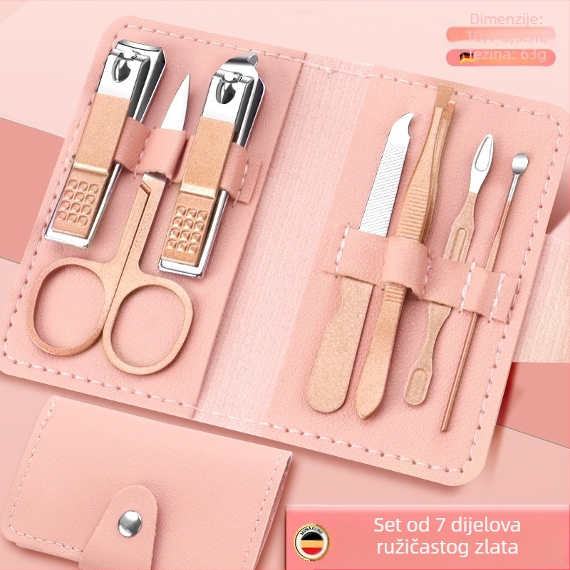18-dijelni prijenosni set za njegu noktiju – materijali: nehrđajući čelik s elektroplatinom i karbonsko čeljust; dizajn: prijenosni, ravna čeljust, kosim dizajnom; uključuje višenamjerne pincete