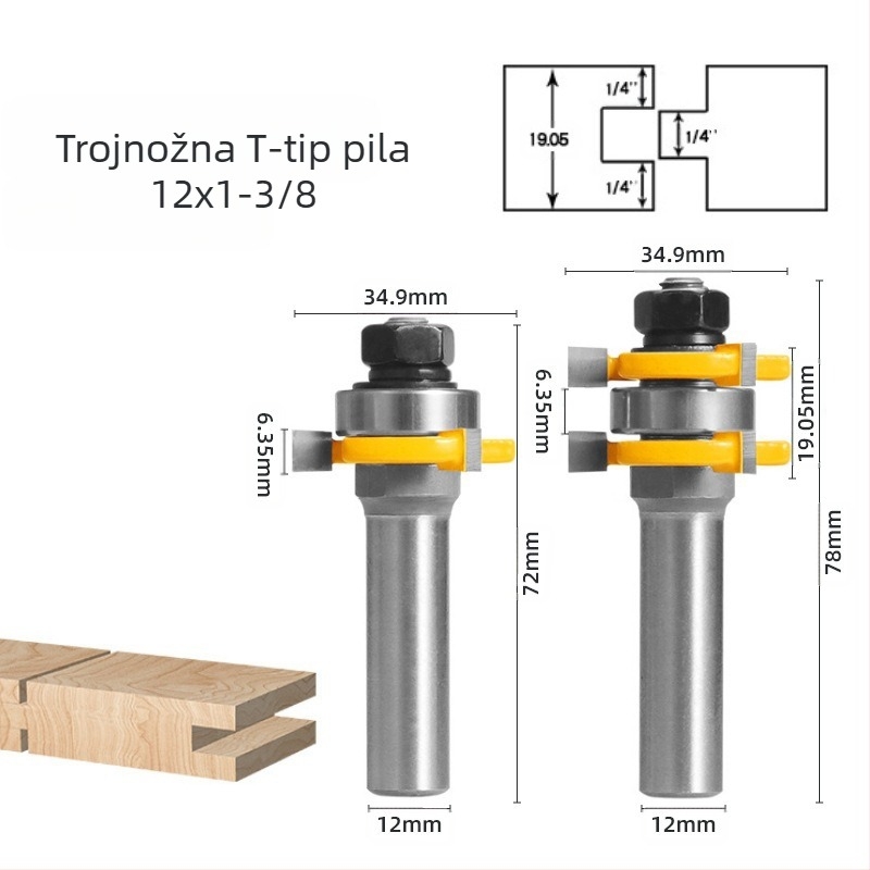 Trostruka T-tip mortise freza za drvo, s jednim ležajem, precizan rez