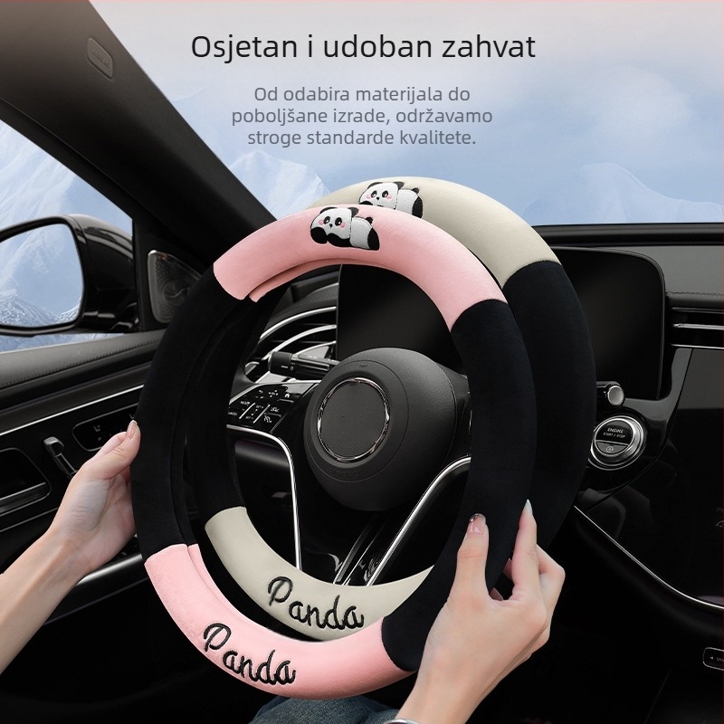 Navlaka za volan automobila - univerzalna prilagodba; umjetni pliš; panda dizajn; zimska upotreba; protuklizno