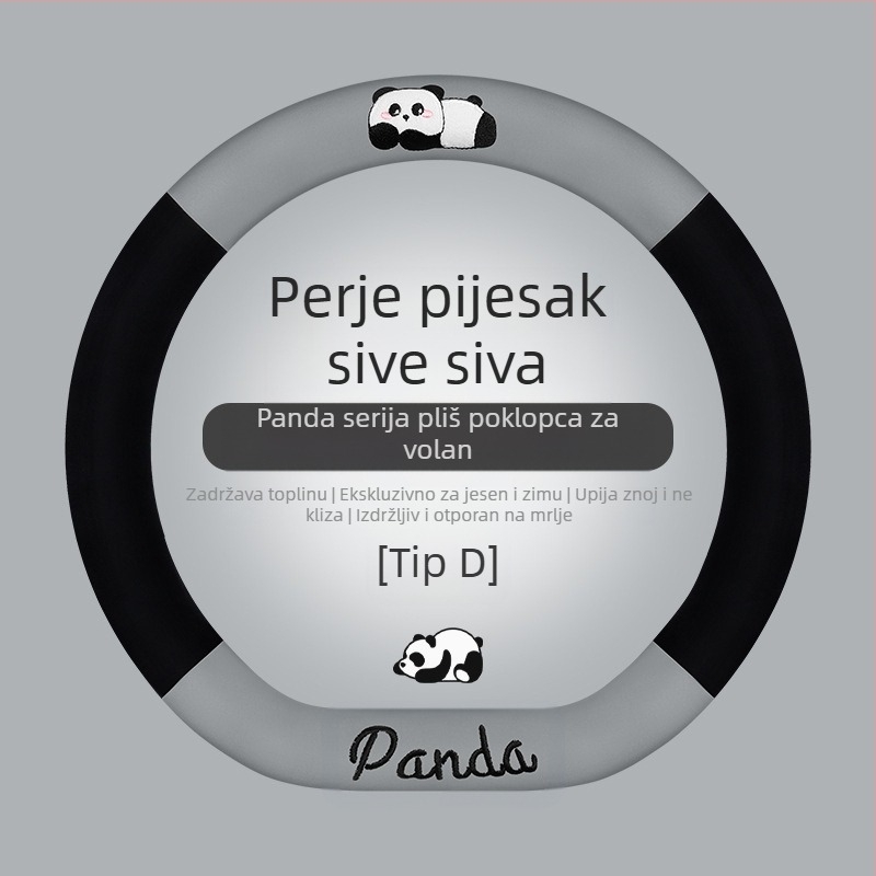 Navlaka za volan automobila - univerzalna prilagodba; umjetni pliš; panda dizajn; zimska upotreba; protuklizno