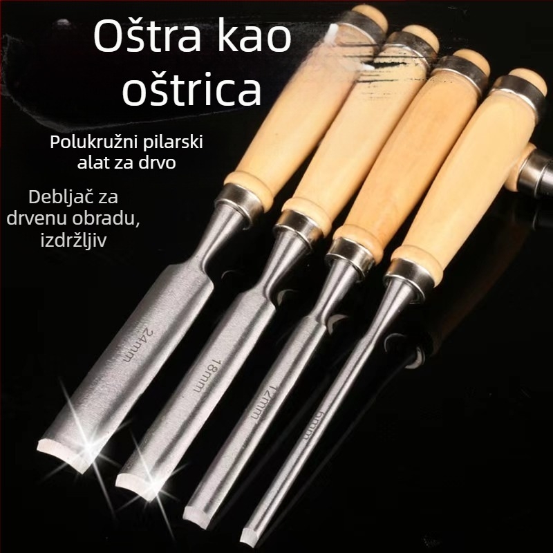 Polukružni dlijet set, 4 komada, za drvorez, glava od alatnog čelika, drvena ručka, kružni oblik glave