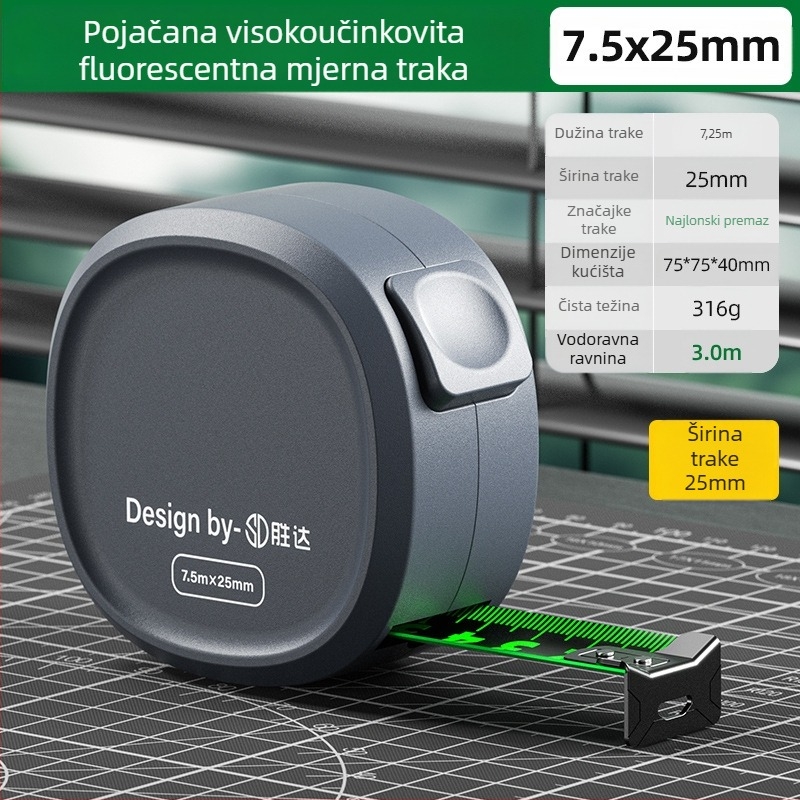 Samozaključavajuća mjeračka traka s čeličnim listom, ojačan dizajn, otporno kućište, fluorescirajuća traka