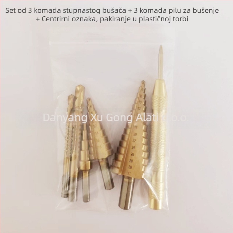 Asahi 6-dijelni set trokutastog držača za bušilice za drvo, s bušilama u koracima, pagodnim bušilama i bušilama za kanale