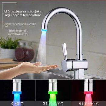 Kuhinjski kohout s produženjem protiv prskanja, LED senzor temperature mlaznice, filter za pranje povrća i tuš, model 017, ABS materijal, ručna montaža, površinska obrada injekcijskim oblikovanjem, moderni minimalistički stil