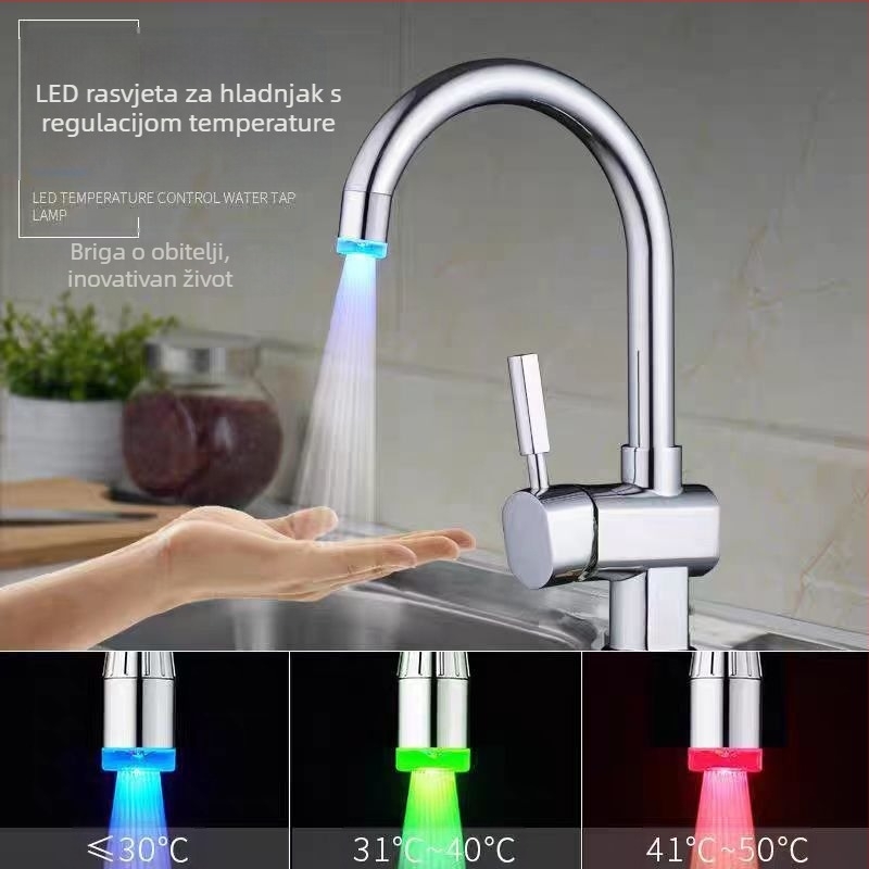 Kuhinjski kohout s produženjem protiv prskanja, LED senzor temperature mlaznice, filter za pranje povrća i tuš, model 017, ABS materijal, ručna montaža, površinska obrada injekcijskim oblikovanjem, moderni minimalistički stil