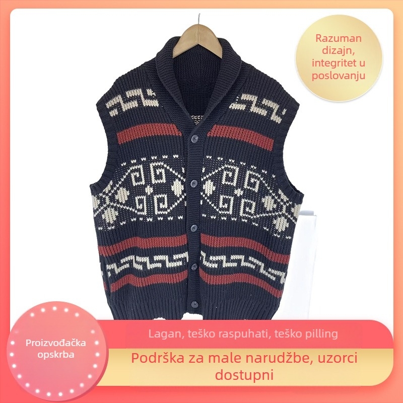 Vintage pleteni prsluk bez rukava s ovratnikom, jednostruko kopčanje, slobodan kroj, jacquard tkanina