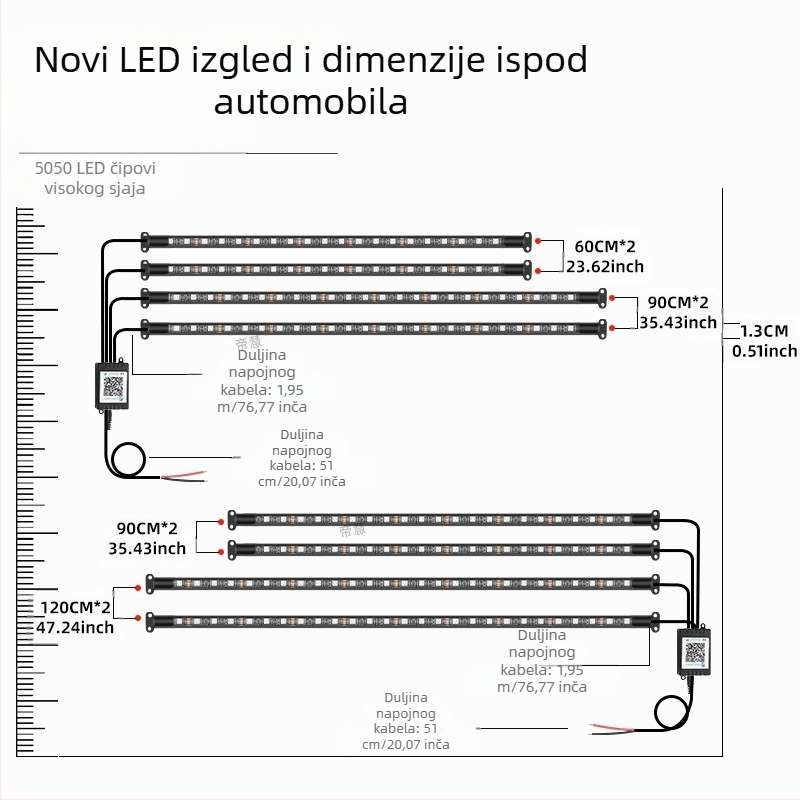 Automobilska LED RGB lampica za šasiju s Bluetooth APP upravljanjem i glasovnim aktiviranjem, 12V, 15W, PVC