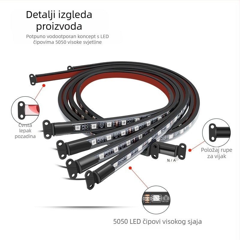 Automobilska LED RGB lampica za šasiju s Bluetooth APP upravljanjem i glasovnim aktiviranjem, 12V, 15W, PVC