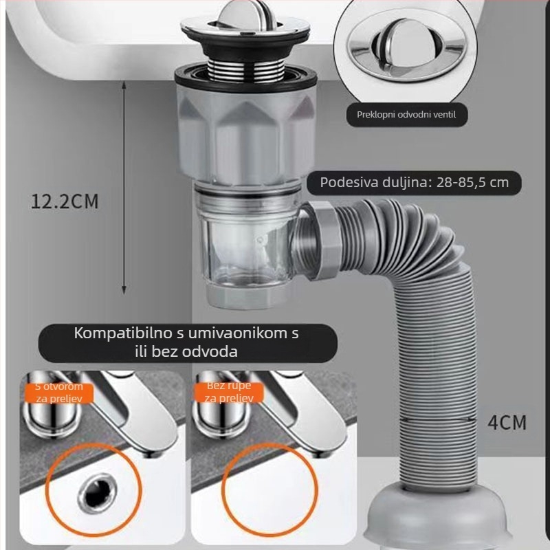 Flap tip odvodnje za umivaonik, S-oblik, model 2233 – univerzalni, moderni minimalistički dizajn