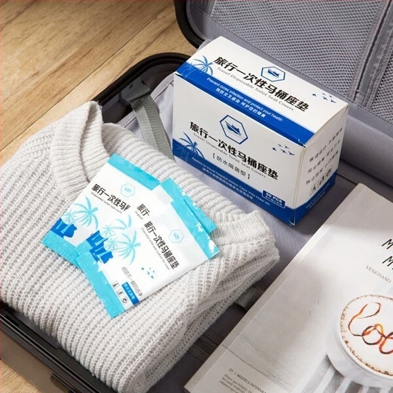 Jednokratni zaštitni poklopac za WC sjedalo, od PP-a; antibakterijski; vodootporan; pogodan za putovanja; individualno pakiran; 50 kom./kutija