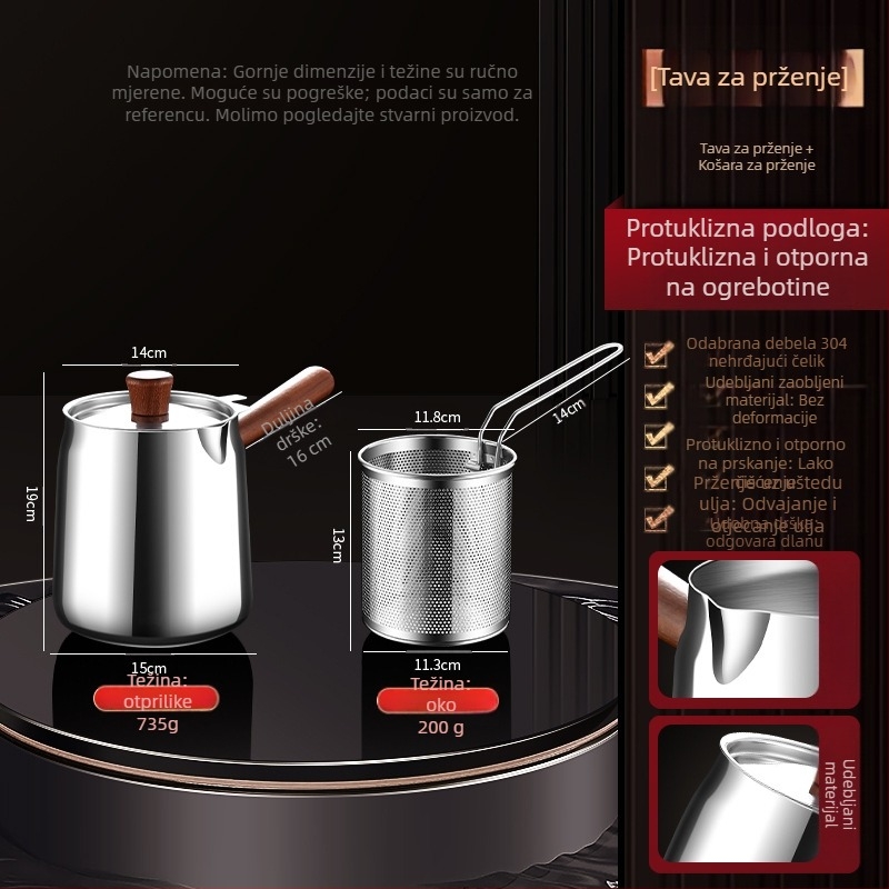 Orahovo drvo i 304 nehrđajući čelik izolirani lonac za prženje s košarom za prženje i poklopcem od 304 čelika, vanjski frit uređaj s kompliciranim dnom, za prženje i filtriranje, moderan minimalistički stil