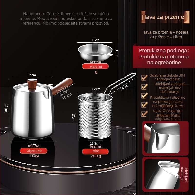 Orahovo drvo i 304 nehrđajući čelik izolirani lonac za prženje s košarom za prženje i poklopcem od 304 čelika, vanjski frit uređaj s kompliciranim dnom, za prženje i filtriranje, moderan minimalistički stil