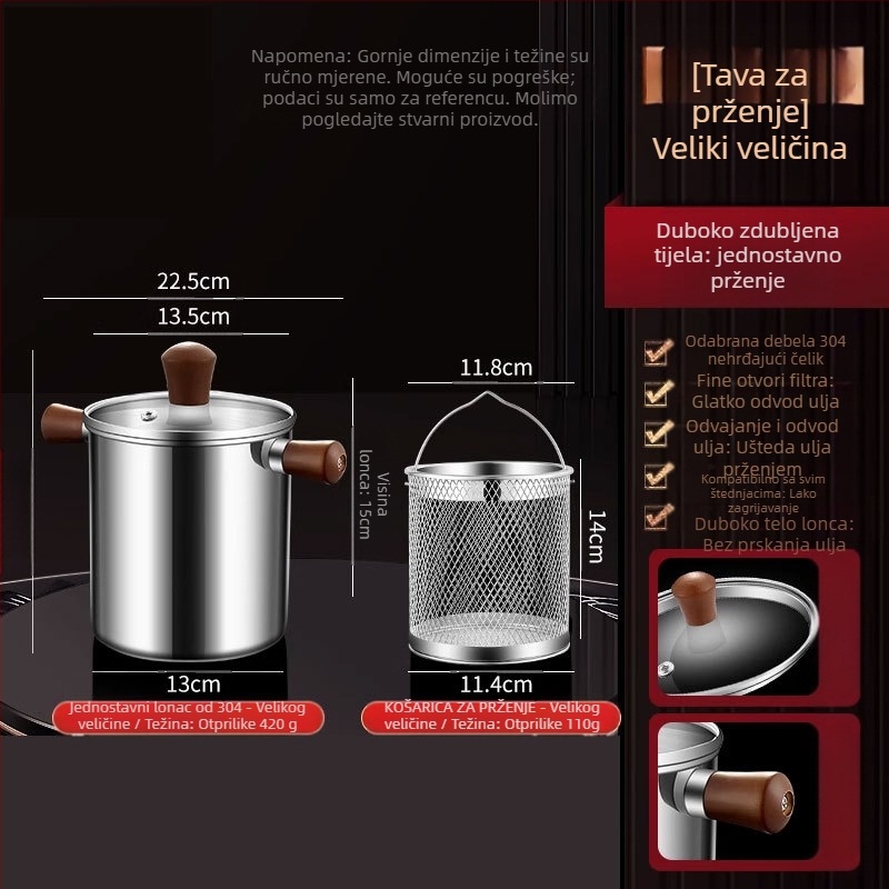 Orahovo drvo i 304 nehrđajući čelik izolirani lonac za prženje s košarom za prženje i poklopcem od 304 čelika, vanjski frit uređaj s kompliciranim dnom, za prženje i filtriranje, moderan minimalistički stil