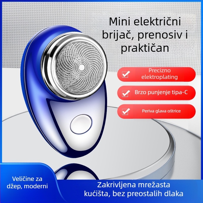 Električni brijač s rotirajućom glavom (1 glavom); ugrađena baterija 100–300 mAh; domet 30–45 min; četkasti motor; glava se može prati i skinuti.
