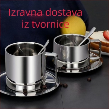 Set od tri šalice za kavu od nehrđajućeg čelika 304, dvostruko stijenke, uz pladanj za žličice, za ured ili kafić
