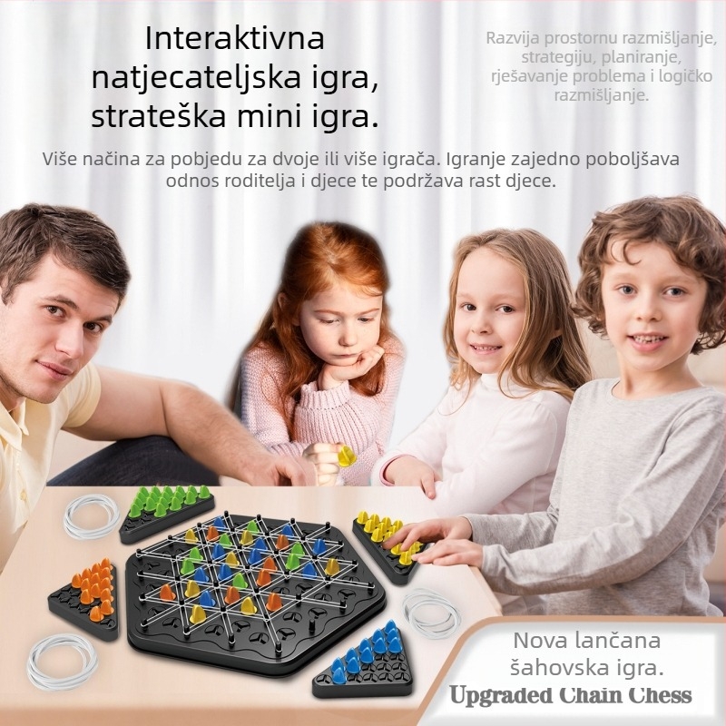 Stolna puzzle lanac šah – Višeigračka interaktivna igra s gumicom u trokutu; plastična konstrukcija; potiče roditelj-dijete interakciju i logičko razmišljanje; pogodna za uzrast 4–60 godina.