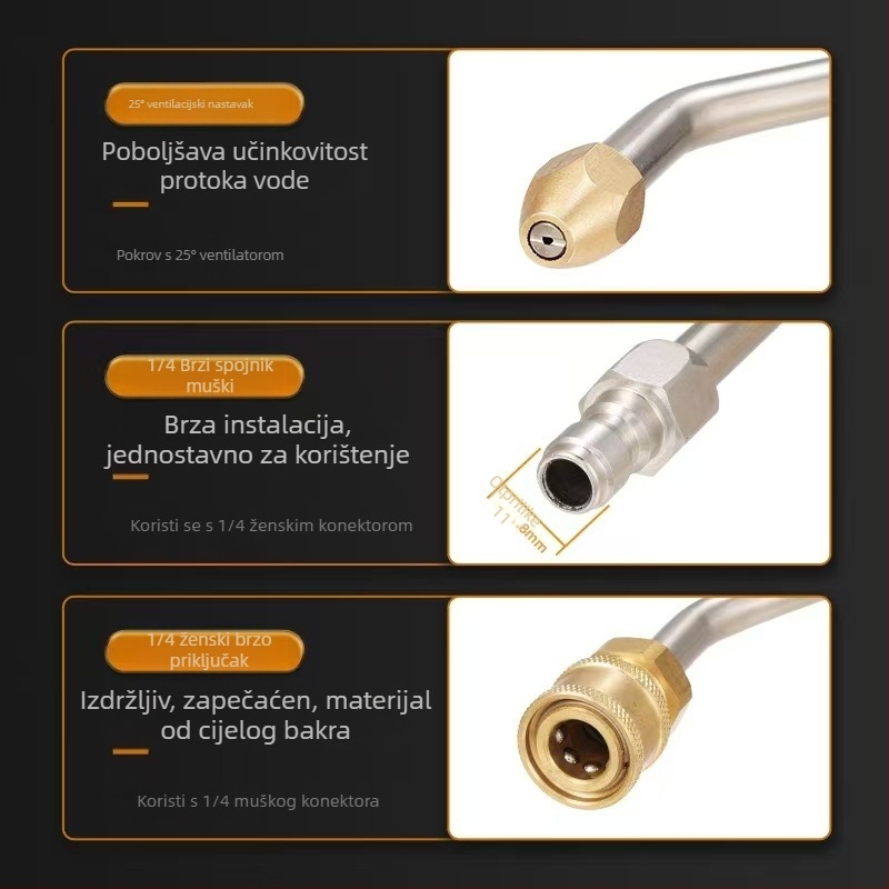 Visokotlačna prskalica za automobile s produženim štapom i savitljivim kolenom — 1/4 brzi spoj, nehrđajući čelik i bakar, mlaznica 11 mm, kompatibilno s visokim tlakom, 150 g