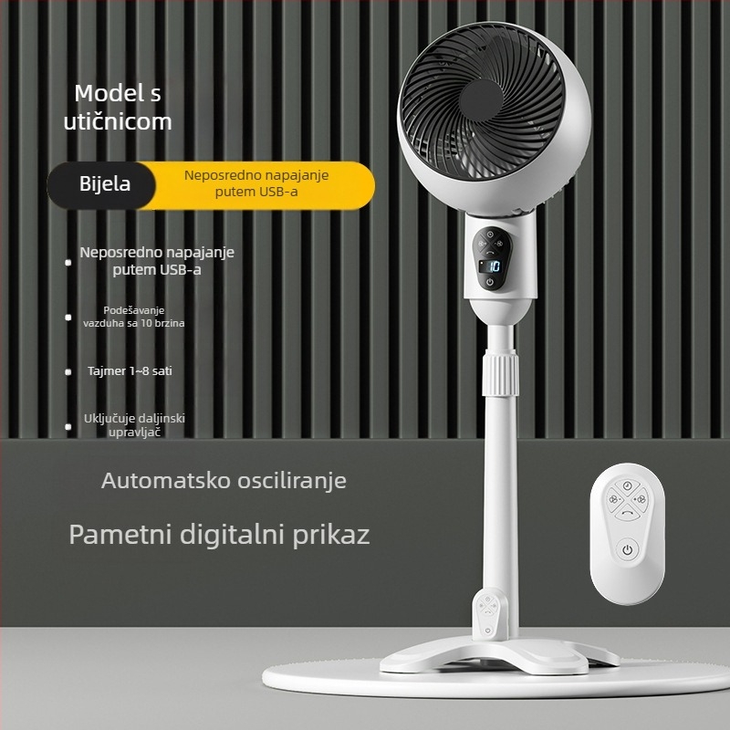 USB podni ventilator s daljinskim upravljanjem, oscilirajući, motor bez četkica, tajmer 2–8 sati, velik protok zraka