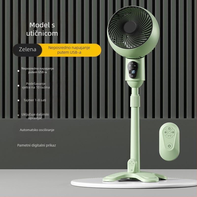 USB podni ventilator s daljinskim upravljanjem, oscilirajući, motor bez četkica, tajmer 2–8 sati, velik protok zraka