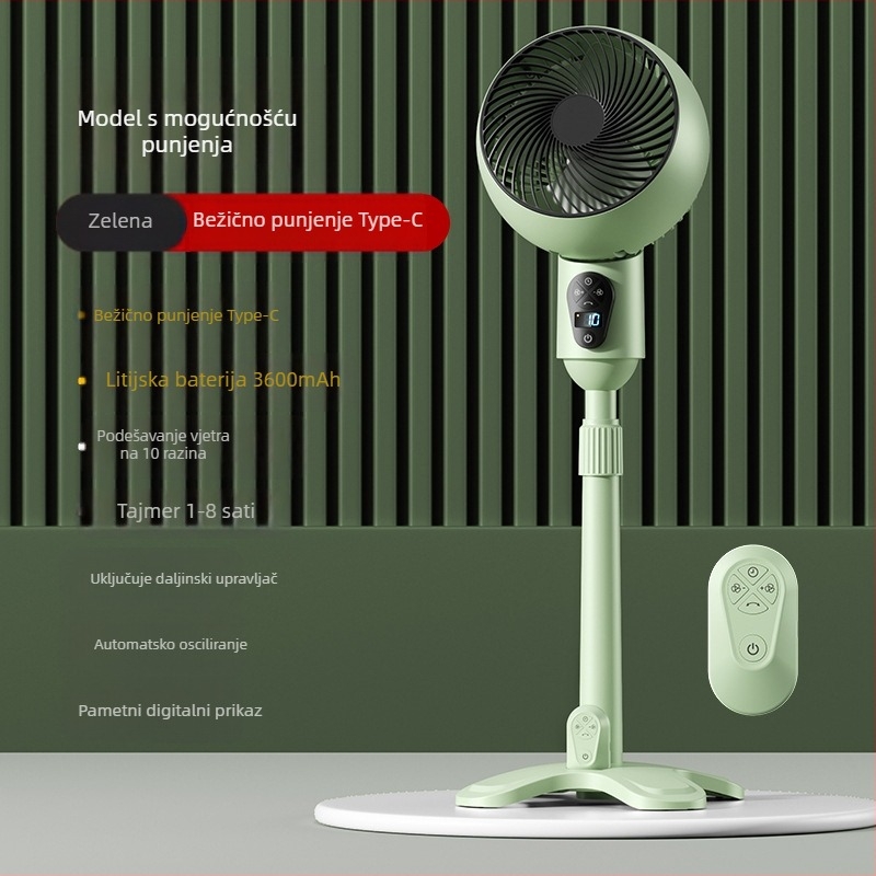 USB podni ventilator s daljinskim upravljanjem, oscilirajući, motor bez četkica, tajmer 2–8 sati, velik protok zraka
