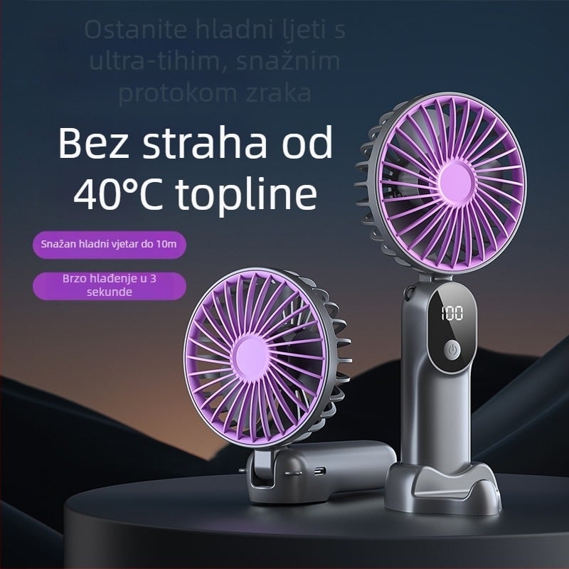 USB-priključeni ručni ventilator s digitalnim zaslonom, sklopni stolni ventilator, 6 brzina, 3 lopatice, ugrađena baterija