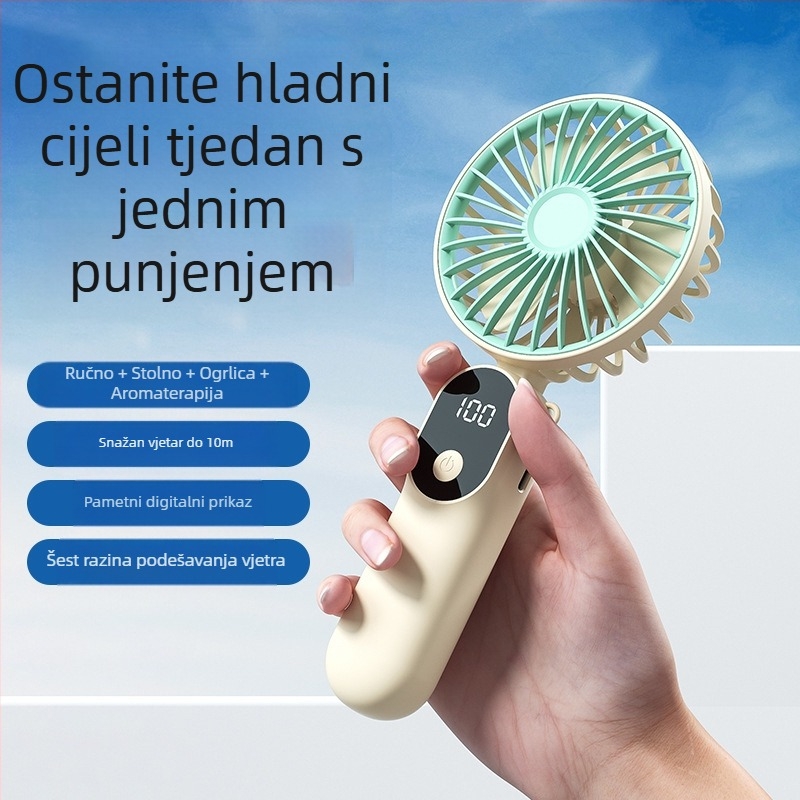 USB-priključeni ručni ventilator s digitalnim zaslonom, sklopni stolni ventilator, 6 brzina, 3 lopatice, ugrađena baterija