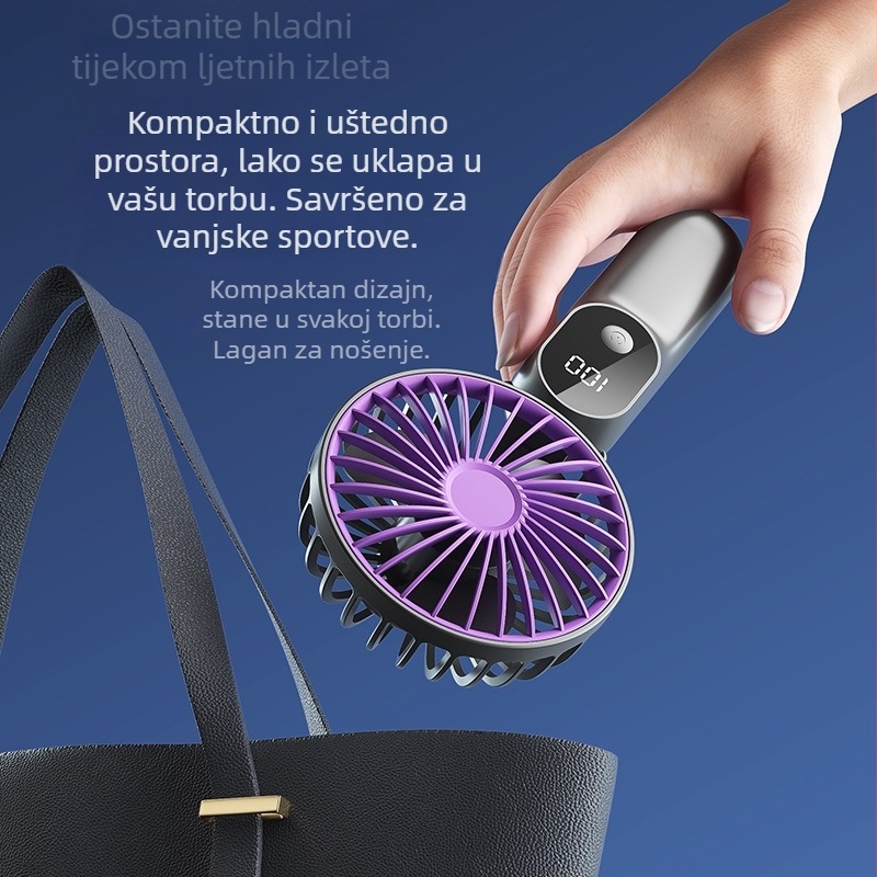 USB-priključeni ručni ventilator s digitalnim zaslonom, sklopni stolni ventilator, 6 brzina, 3 lopatice, ugrađena baterija