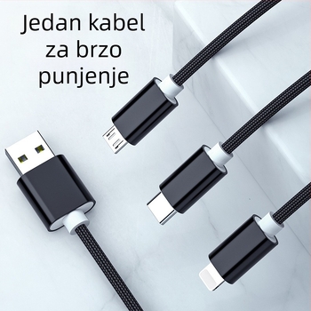 Pleten kabel za podatke i punjenje, 1-3 grane, 2.4A brzo punjenje, duljina 1 m, sučelja Lightning, Micro USB i Type-C, maksimalna izlazna snaga 12W