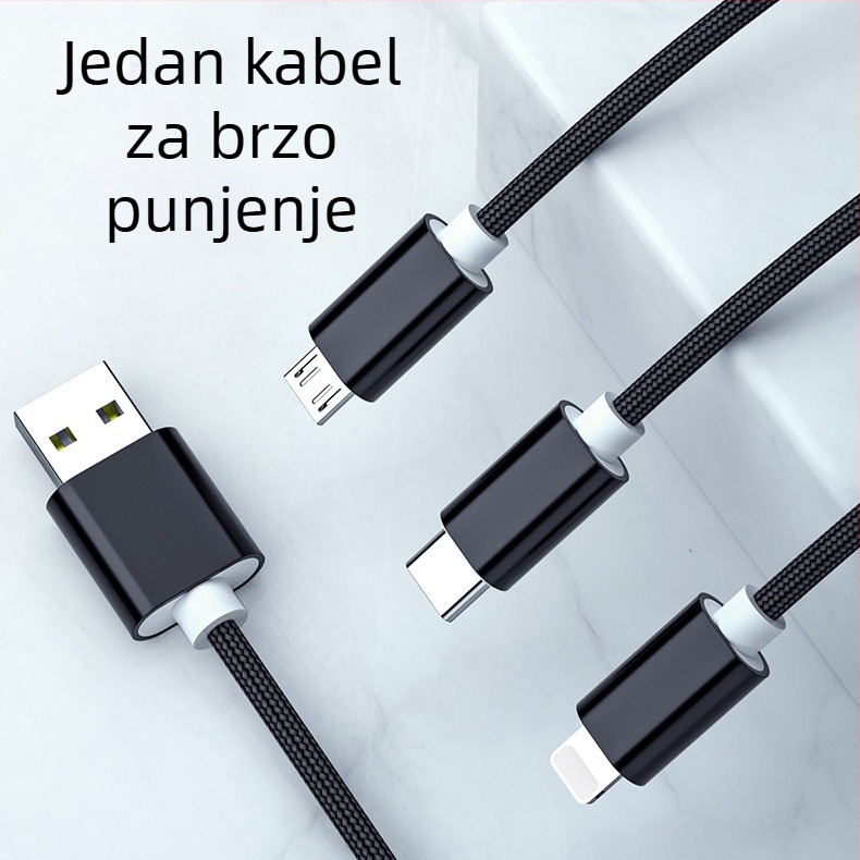 Pleten kabel za podatke i punjenje, 1-3 grane, 2.4A brzo punjenje, duljina 1 m, sučelja Lightning, Micro USB i Type-C, maksimalna izlazna snaga 12W