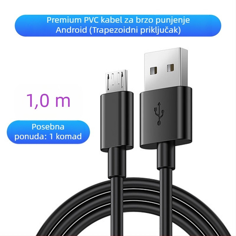 Pleten kabel za podatke i punjenje, 1-3 grane, 2.4A brzo punjenje, duljina 1 m, sučelja Lightning, Micro USB i Type-C, maksimalna izlazna snaga 12W