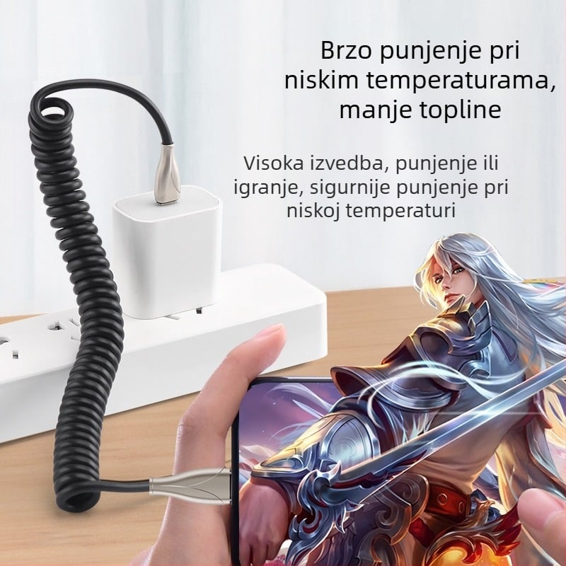 Type-C automobilski kabel s opružnim dizajnom, za automobile i motocikle, 100W brzo punjenje, 6A, TPE