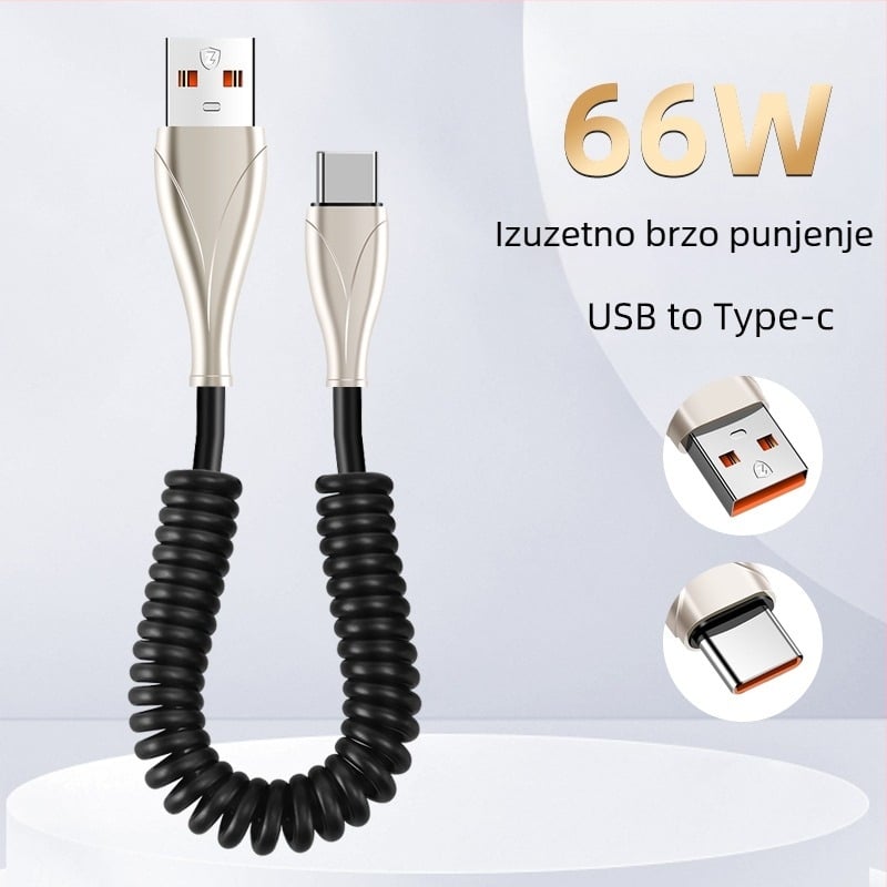 Type-C automobilski kabel s opružnim dizajnom, za automobile i motocikle, 100W brzo punjenje, 6A, TPE