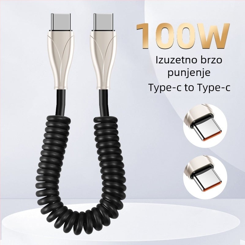 Type-C automobilski kabel s opružnim dizajnom, za automobile i motocikle, 100W brzo punjenje, 6A, TPE