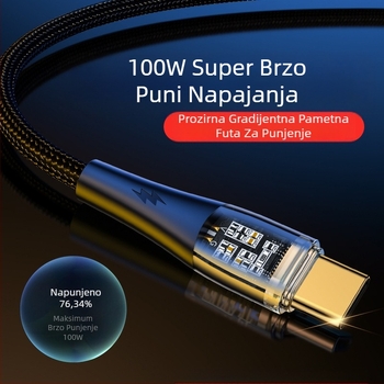 Type-C opleteni kabel za brzo punjenje, 100W, jednokatni konektor, za Huawei/Honor Android telefone