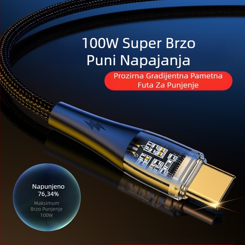 Type-C opleteni kabel za brzo punjenje, 100W, jednokatni konektor, za Huawei/Honor Android telefone