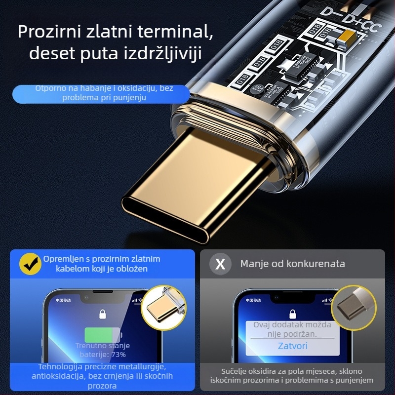 Type-C opleteni kabel za brzo punjenje, 100W, jednokatni konektor, za Huawei/Honor Android telefone