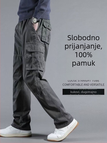 Muške pamukaste radne hlače s višestrukim džepovima, ravnog kroja, dvostruki pojas, zatvarač
