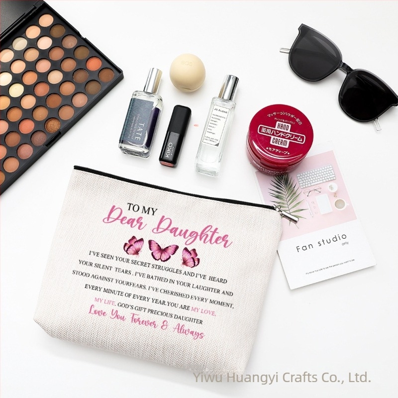 Neseser za kozmetiku s otiskom leptira, vodootporan materijal od pamuka i lana, zatvarač, prilagodljiv logotip termo-transfer tiskom.