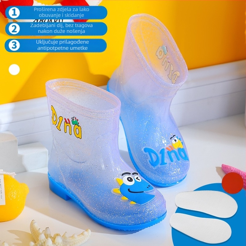 Dječje kišne čizme - PVC gornji dio, srednja visina cijevi, niski potplat 1–3 cm, uzorak slova dinosaura, crtani stil