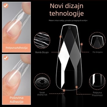Prozirne vrhove za nokte s 3D dijamantnim naglascima, oblike badema i balerina, karirani uzorak
