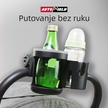 Držač čaša za dječji kolica s dvostrukim držačima i držačem bočice – ABS s gumom i webbingom; 48 kom. po kutiji