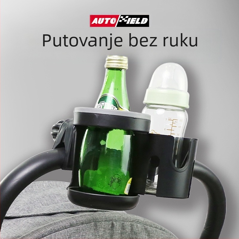 Držač čaša za dječji kolica s dvostrukim držačima i držačem bočice – ABS s gumom i webbingom; 48 kom. po kutiji