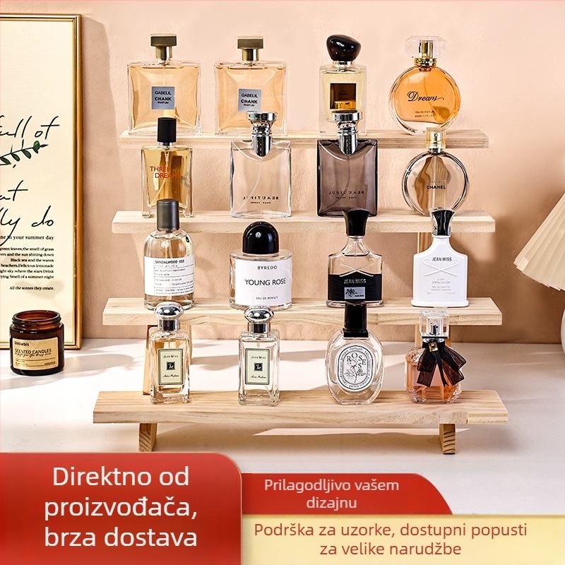 Police za prikaz parfema, masivno drvo, uspravni stolni organizator, moderni minimalistički stil, montaža potrebna, model 1