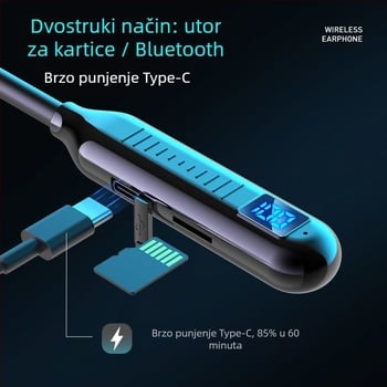 Bluetooth slušalice za vrat – sportski model, stereo, Bluetooth 5.0, domet 10 m, trajanje baterije >8 sati, IPX3