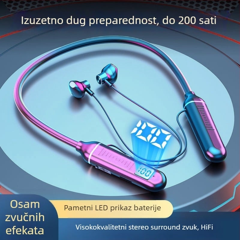 Bluetooth slušalice za vrat – sportski model, stereo, Bluetooth 5.0, domet 10 m, trajanje baterije >8 sati, IPX3